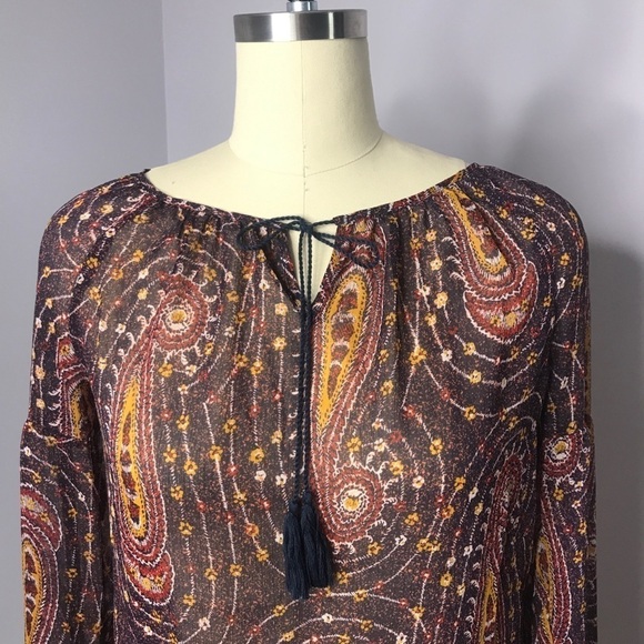 Lucky Brand Boho Tassel Paisley Peasant Blouse - Picture 2 of 6